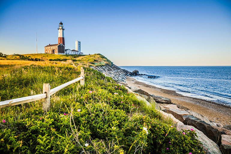 Montauk Point with lighthouse and bluffs