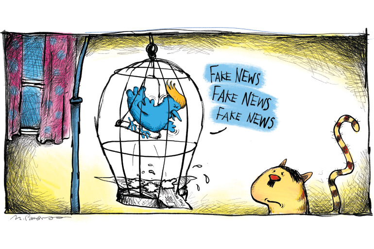 Trump bird with cat cartoon by Mickey Paraskevas