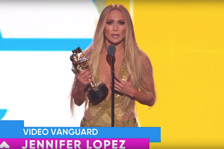 Jennifer Lopez receiving the Video Vanguard Award at the VMAs