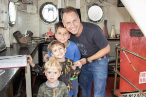 Tom Schoenwaelder, Markus age 3, Theo age 6, Alexander age 9 on the iconic 80 year old fireboat
