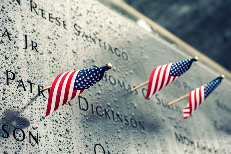 9/11 memorial with flags