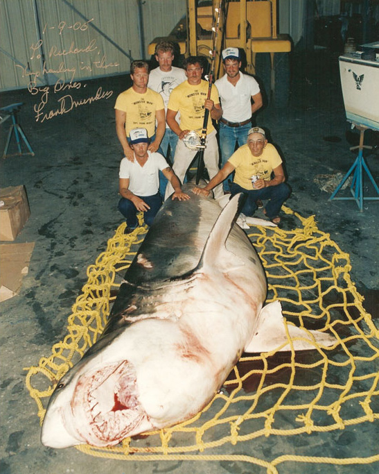 Frank Mundus and his crew pose with the monster great white shark