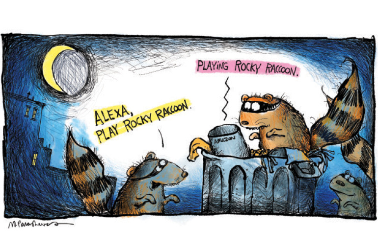 Raccoons with Alexa in the trash cartoon by Mickey Paraskevas