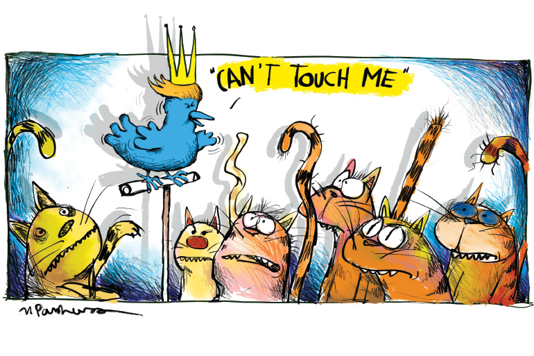 Cartoon by Mickey Paraskevas with Donald Trump as a Twitter bird with the famous hair, and a bunch of cats below him, as he says, "You Can't Touch Me!"