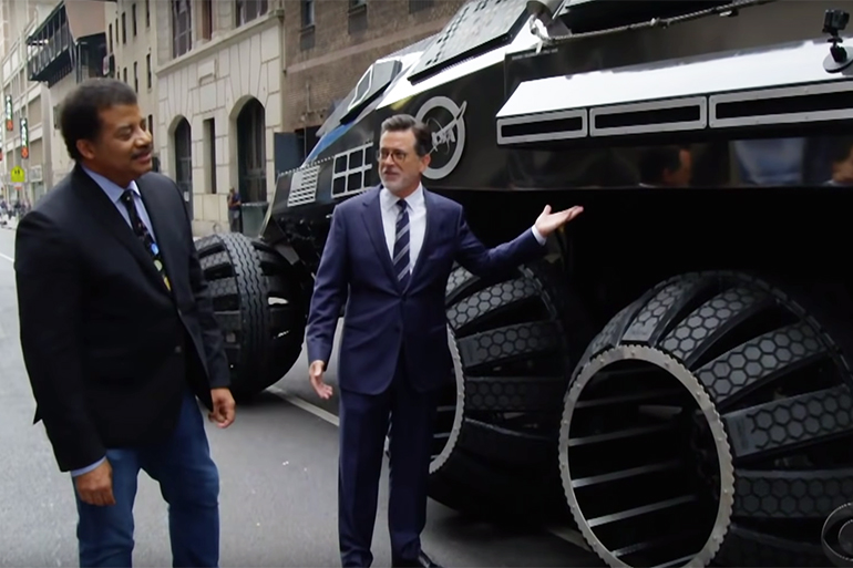 Neil deGrasse Tyson and Stephen Colbert about to take an out-of-this-world joyride, Photo: Video Still