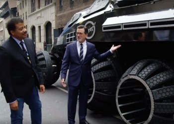 Neil deGrasse Tyson and Stephen Colbert about to take an out-of-this-world joyride, Photo: Video Still