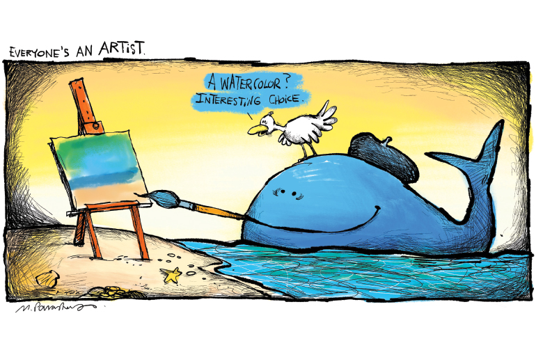 Artist whale cartoon by Mickey Paraskevas