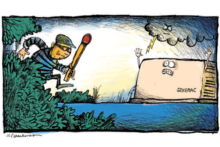 Cartoon by Mickey Paraskevas with criminal with giant match heading toward Generac backup generator
