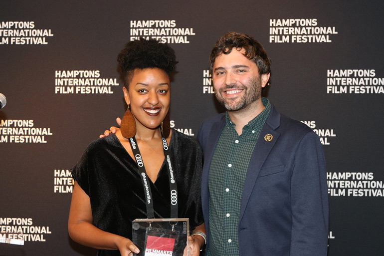 HIFF 2018 Vimeo Staff Pick winner Sontenish Myers, director of "Cross My Heart," gets her award