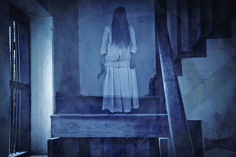 55720077 - horror movie scene with a lonely figure on the hall,horror scene of a scary woman