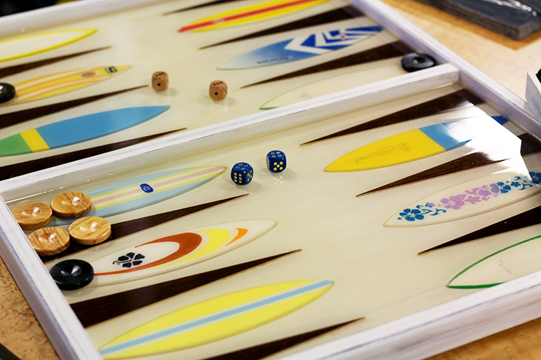 Jean-Michel Andriot custom backgammon board replicating his client's surfboards