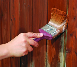 A picture of a woman painting fence