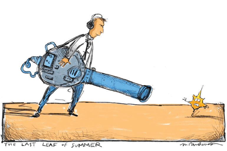 Leaf blower cartoon by Mickey Paraskevas