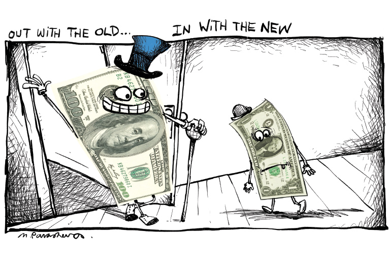 Money in and out cartoon by Mickey Paraskevas
