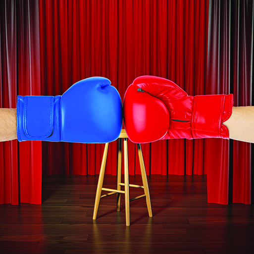 comedy face off battle punching gloves stool