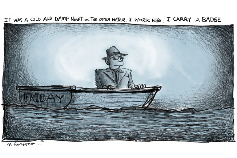Noir detective on Friday boat cartoon by Mickey Paraskevas