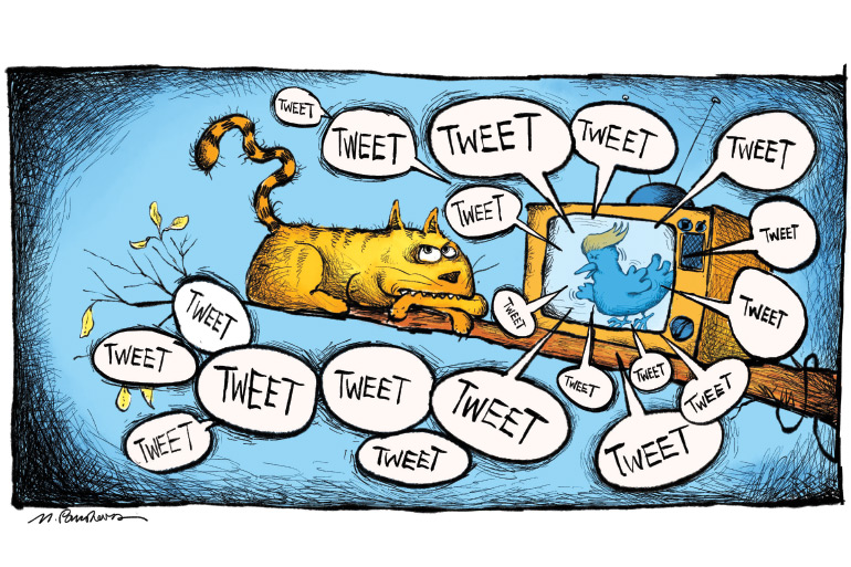 Trump tweet with cat cartoon by Mickey Paraskevas
