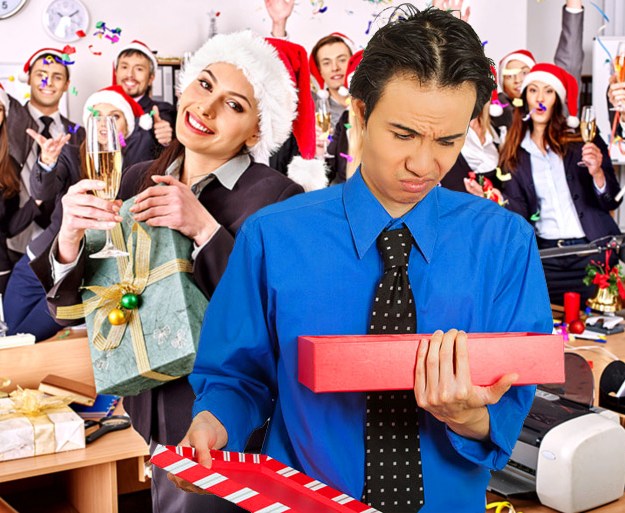 Guy disappointed with Yankee Swap gift at office Christmas party
