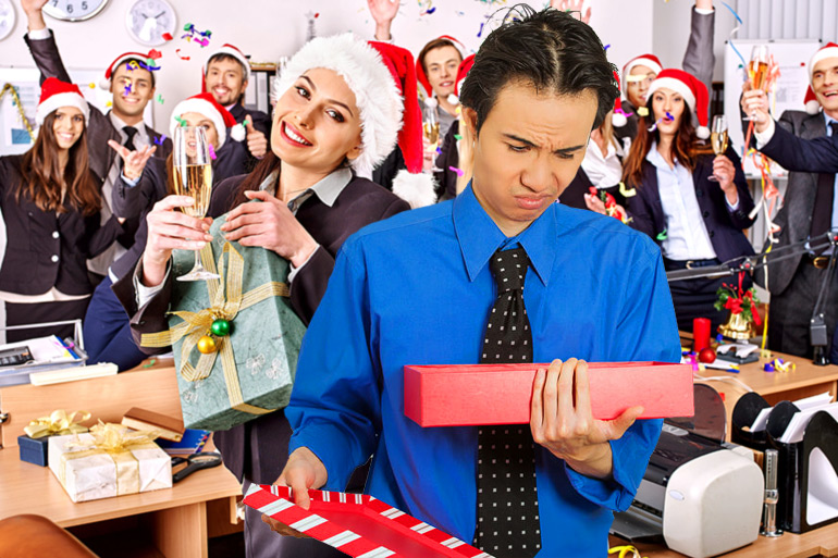 Guy disappointed with Yankee Swap gift at office Christmas party