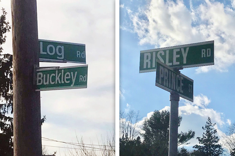 Suffolk County SPCA street signs for Log Road, Buckley Road, Risley Road and Prince Street in Patchogue