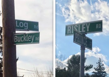 Suffolk County SPCA street signs for Log Road, Buckley Road, Risley Road and Prince Street in Patchogue