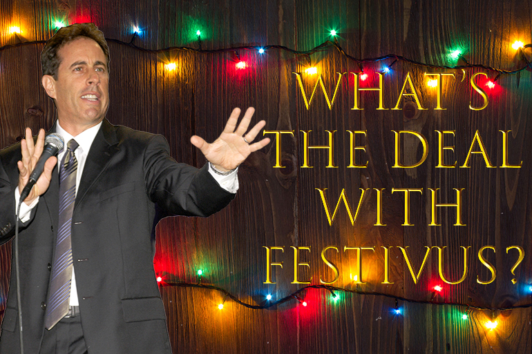 Christmas background. planked wood with lights and free text space Jerry Seinfeld festivus