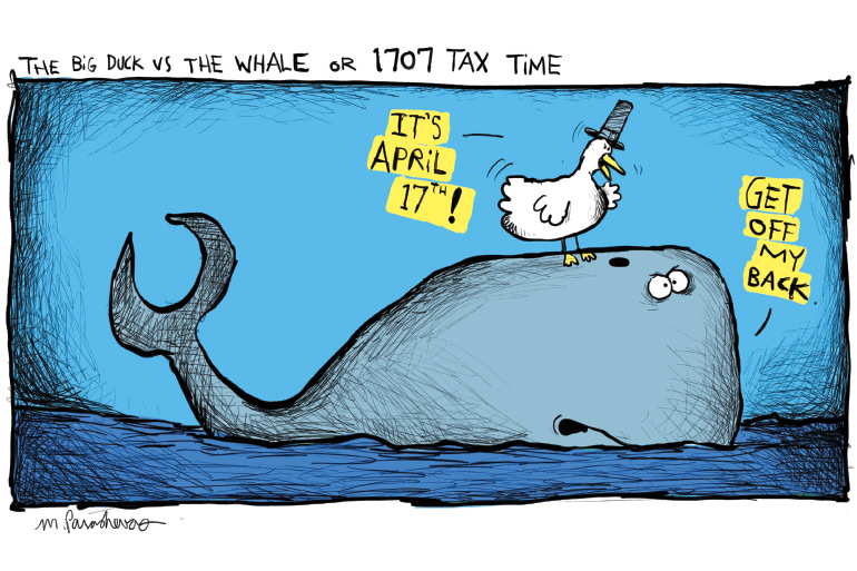 Big Duck vs. Whale cartoon by Mickey Paraskevas