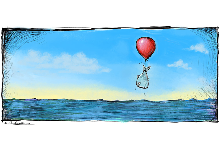 Fish hanging off helium balloon cartoon by Mickey Paraskevas