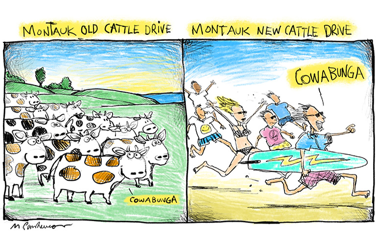 Montauk cattle drive cartoon by Mickey Paraskevas