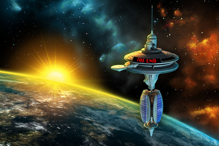 Montauk space station orbiting Earth with "The End" on it