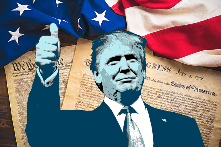 President Donald Trump face on Constitution and American flag