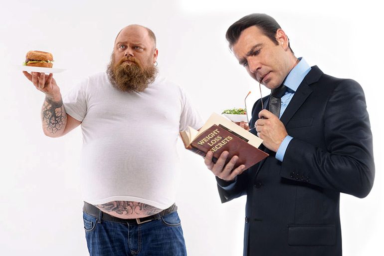 Fat man with food choices and thin guy in suit reading Weight Loss Secrets book