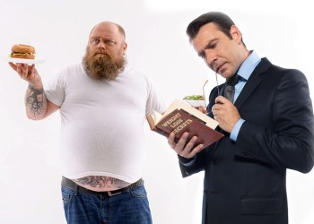 Fat man with food choices and thin guy in suit reading Weight Loss Secrets book