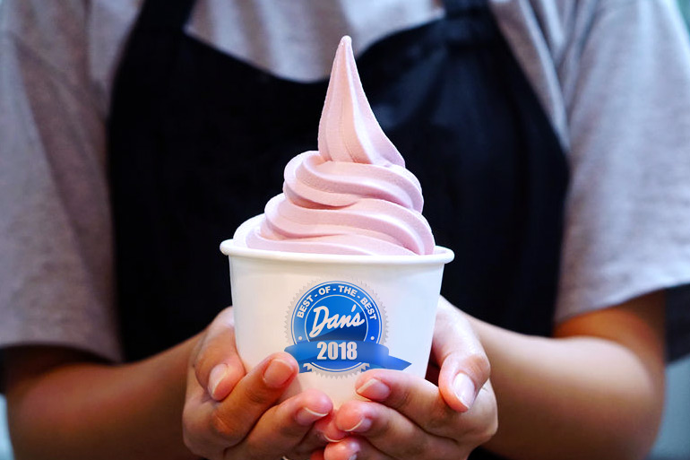 Hands holding cup of strawberry frozen yogurt, froyo, with Dan's Best of the Best 2018 blue ribbon logo on it