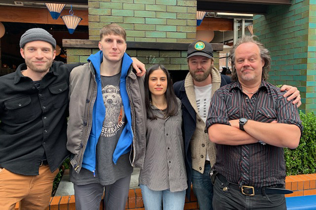 L-R: David Call (Henry), Alex Beaux (The Monster/Adam), Ana Kayne (Liz), Joshua Leonard (Polidori) and writer-director Larry Fessenden of "Depraved"