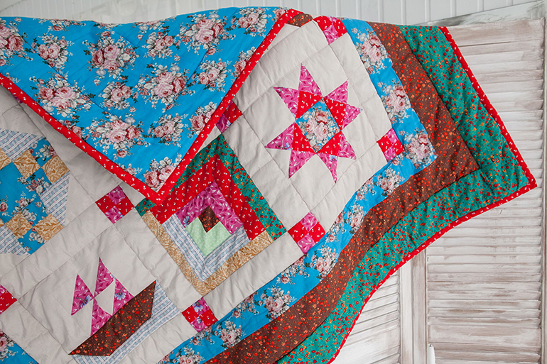 Patchwork quilt. Part of patchwork quilt as background. Handmade.