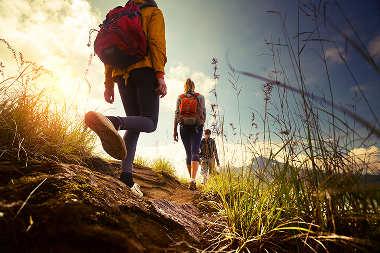 group of hikers walking in mountains
