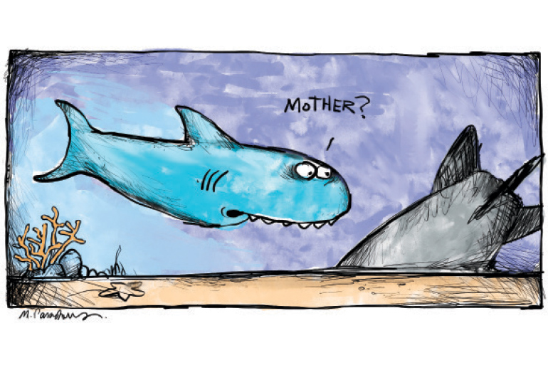 Shark and bomb cartoon by Mickey Paraskevas