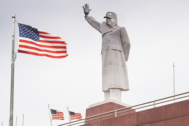 Statue of Donald Trump as dictator with American flags blowing in the wind - a world where third terms are OK