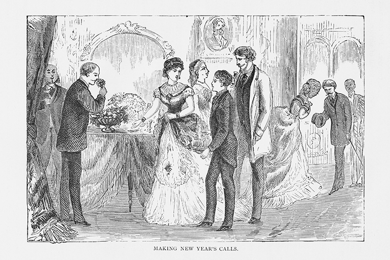 Very Rare, Beautifully Illustrated Antique Engraving of Making New Year’s Calls Victorian Engraving, 1879. Source: Original edition from my own archives. Copyright has expired on this artwork. Digitally restored.