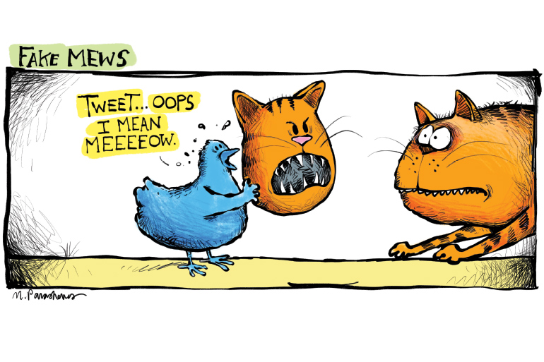 Fake news Twitter cat cartoon by Mickey Paraskevas