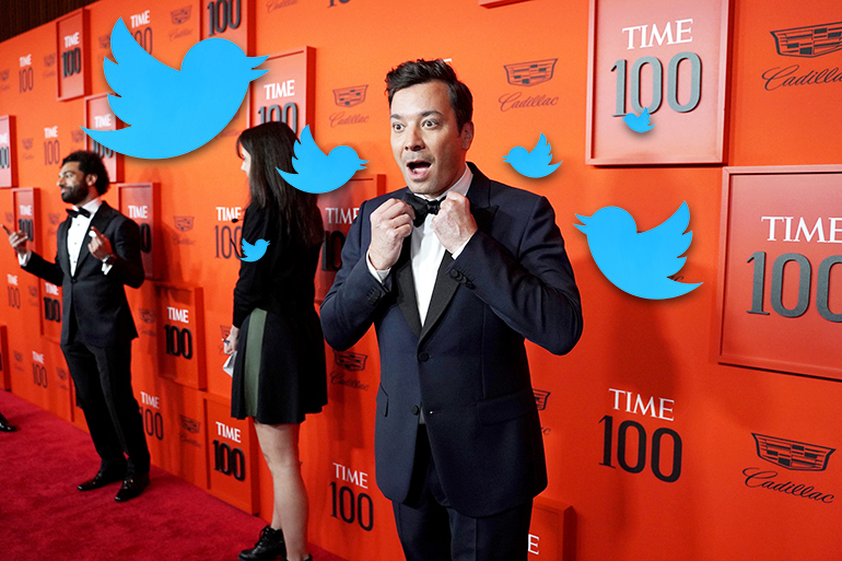 Jimmy Fallon with Twitter birds at 2019 Time 100 Gala