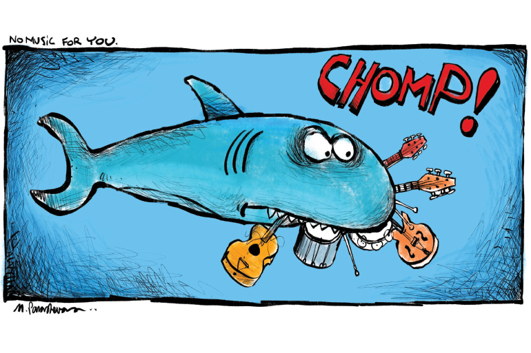 No music shark cartoon by Mickey Paraskevas