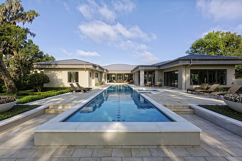 A beautiful pool deck setting on a calm summer morning.