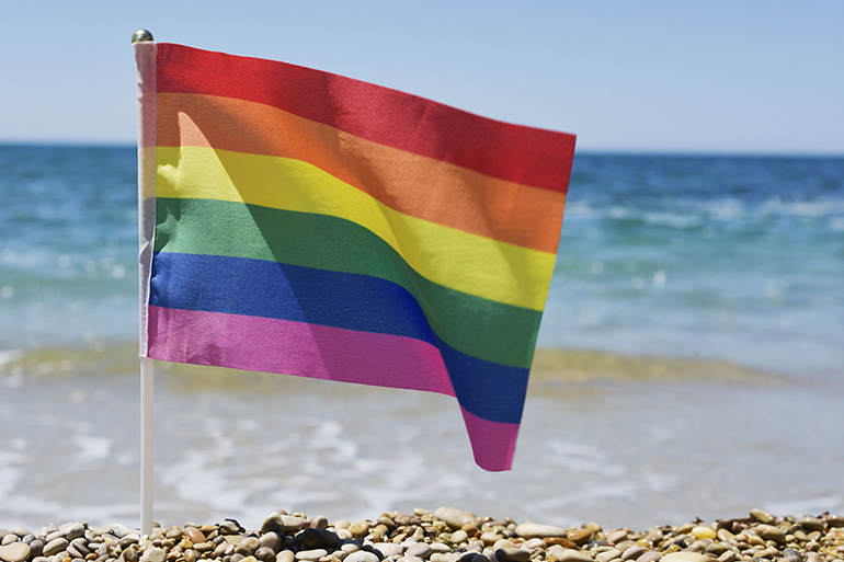 closeup of a small rainbow flag in a pole stuck in a shingle beach, with the ocean in the background