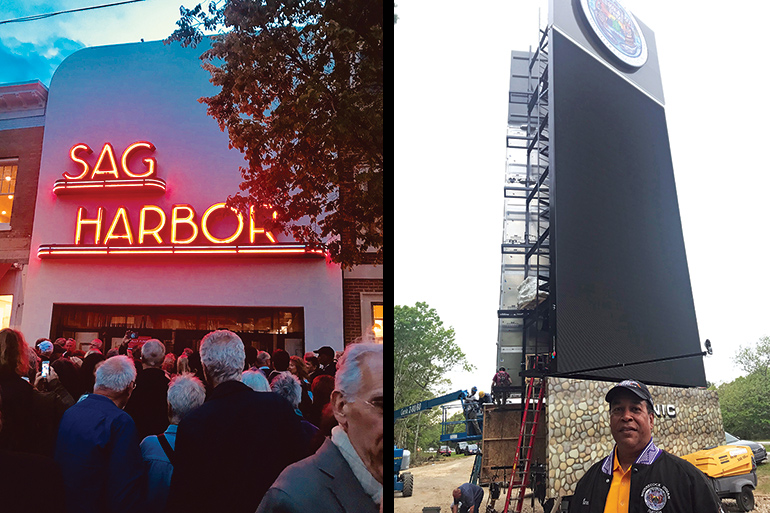 Sag Harbor Cinema and the Shinnecock billboards lit up over Memorial Day weekend