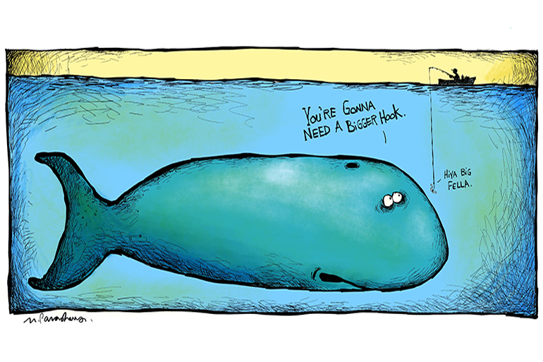 Whale fish hook ban cartoon by Mickey Paraskevas