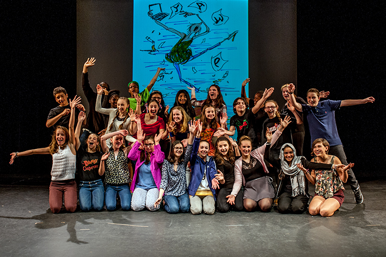 Playwrights, actors, and stage crew at the 2016 YAWP Middle School Playwrights Festival