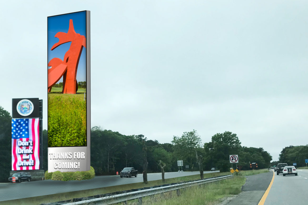 Artist rendering of the Hamptons Municipal Board's digital billboard, as it will stand alongside the Shinnecock billboard