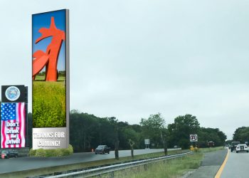 Artist rendering of the Hamptons Municipal Board's digital billboard, as it will stand alongside the Shinnecock billboard